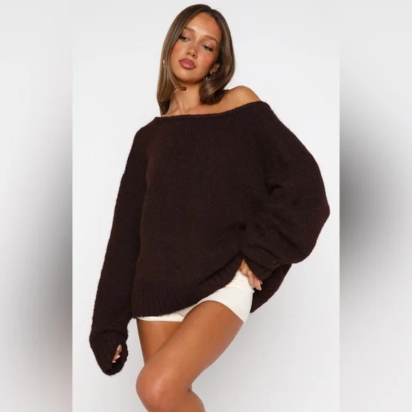 White Fox Boutique Softer Love Knit Sweater Chocolate S/M - Picture 4 of 11